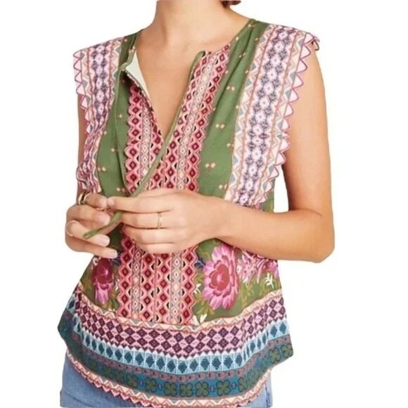 Anthropologie Sigrid Green Orange Embroidered Top XS - Picture 7 of 7